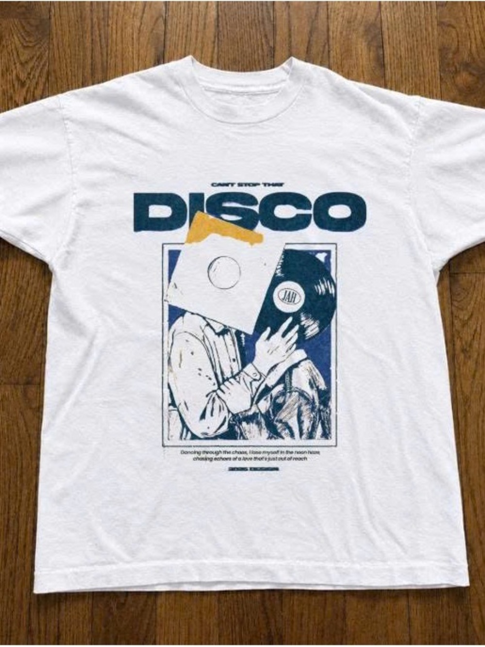 DISCO Graphic Tee - White with Navy & Yellow Print